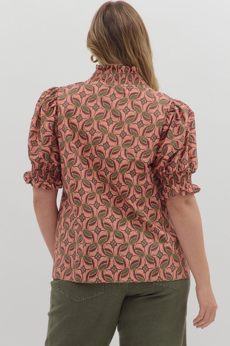 Rosalie Contrast Stripe Printed Top, Terra Cotta | Plus Size