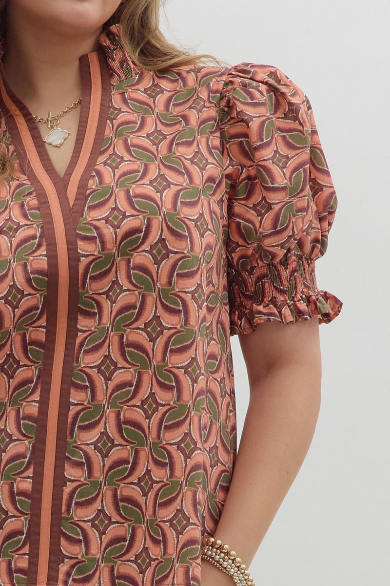 Rosalie Contrast Stripe Printed Top, Terra Cotta | Plus Size