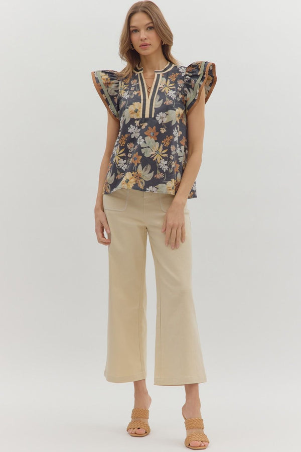 Flora Contrast Stripe V-Neck Top, Charcoal