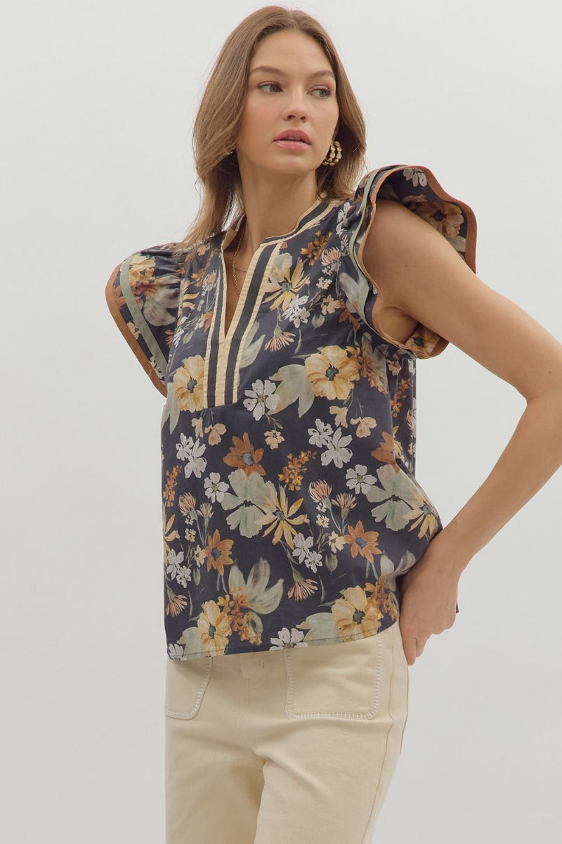 Flora Contrast Stripe V-Neck Top, Charcoal