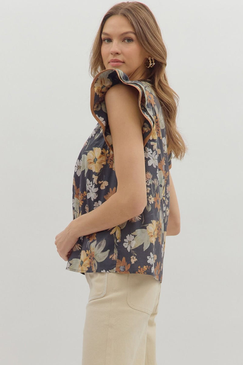 Flora Contrast Stripe V-Neck Top, Charcoal