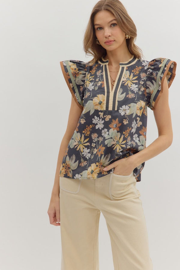 Flora Contrast Stripe V-Neck Top, Charcoal
