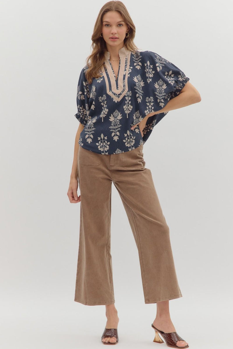 Esther Botanical Print Top, Navy