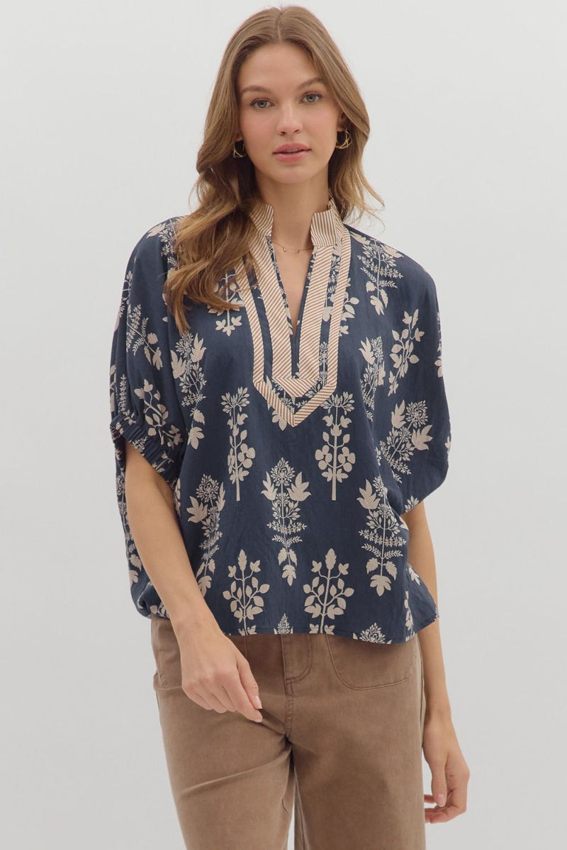Esther Botanical Print Top, Navy