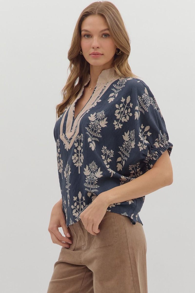 Esther Botanical Print Top, Navy