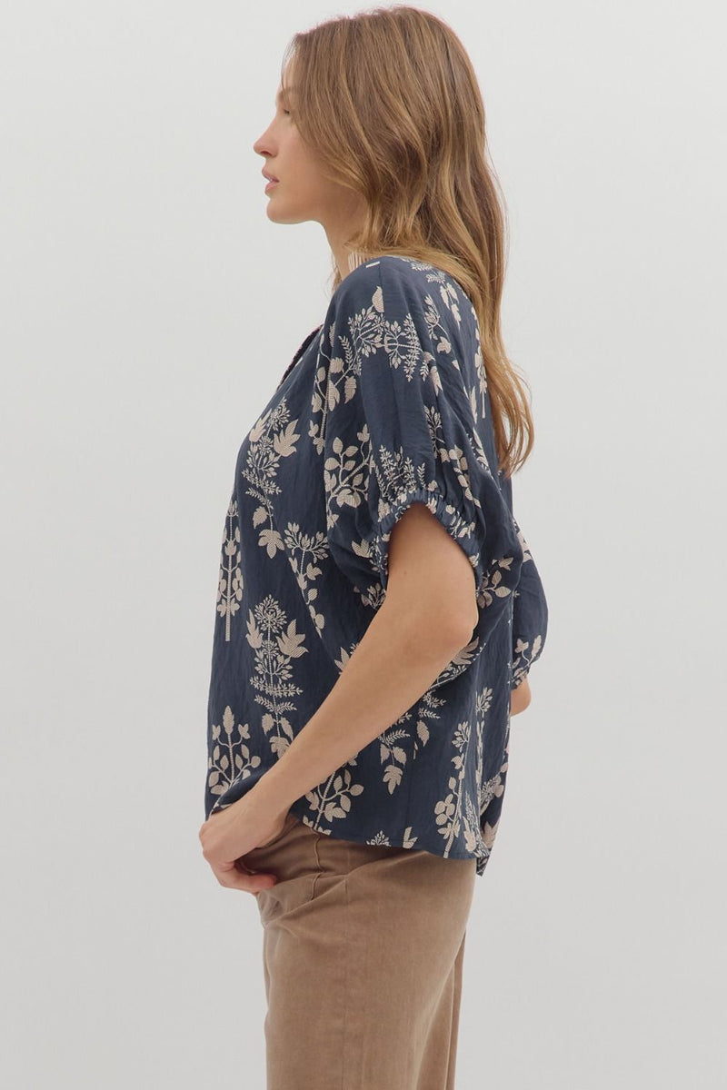 Esther Botanical Print Top, Navy