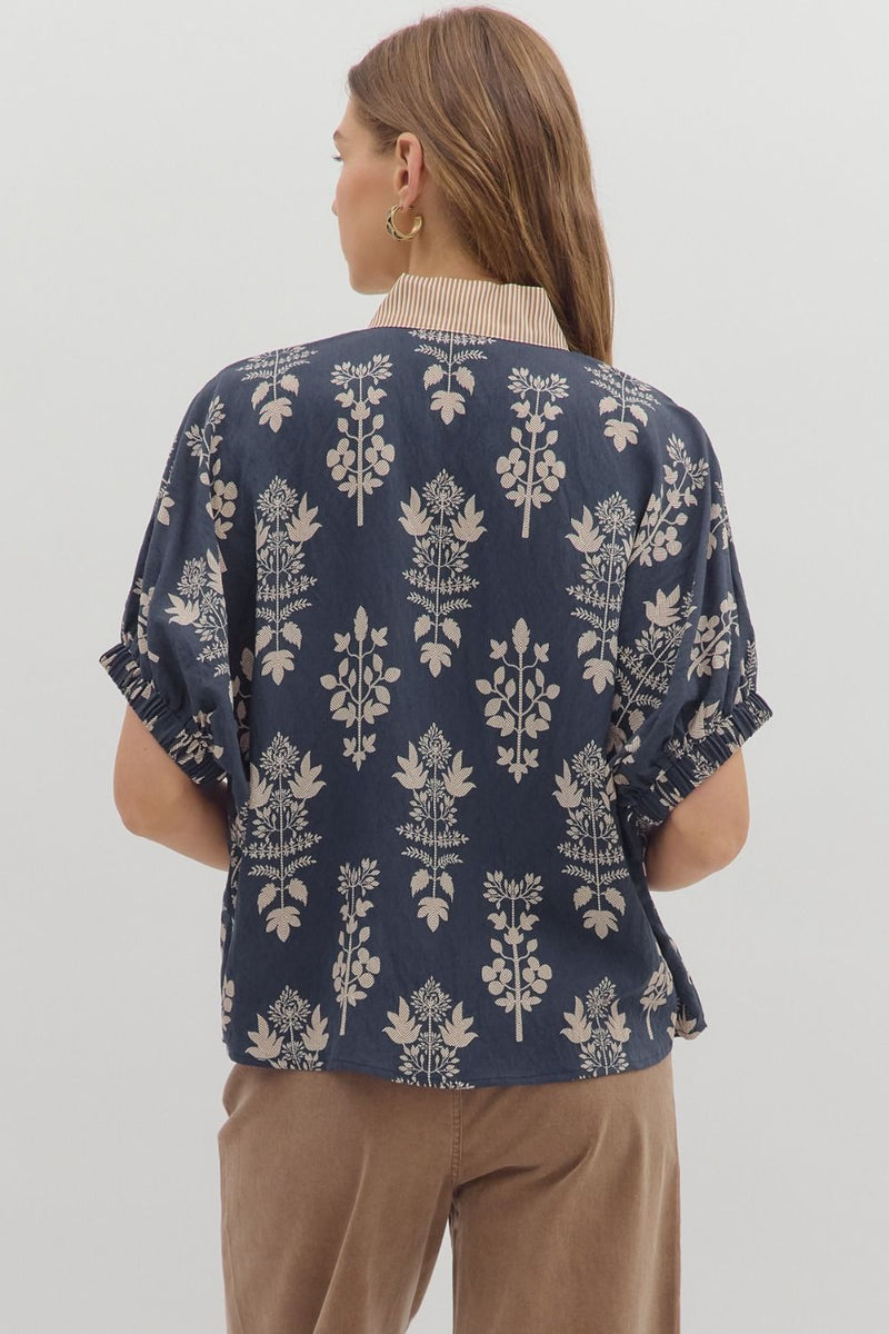 Esther Botanical Print Top, Navy