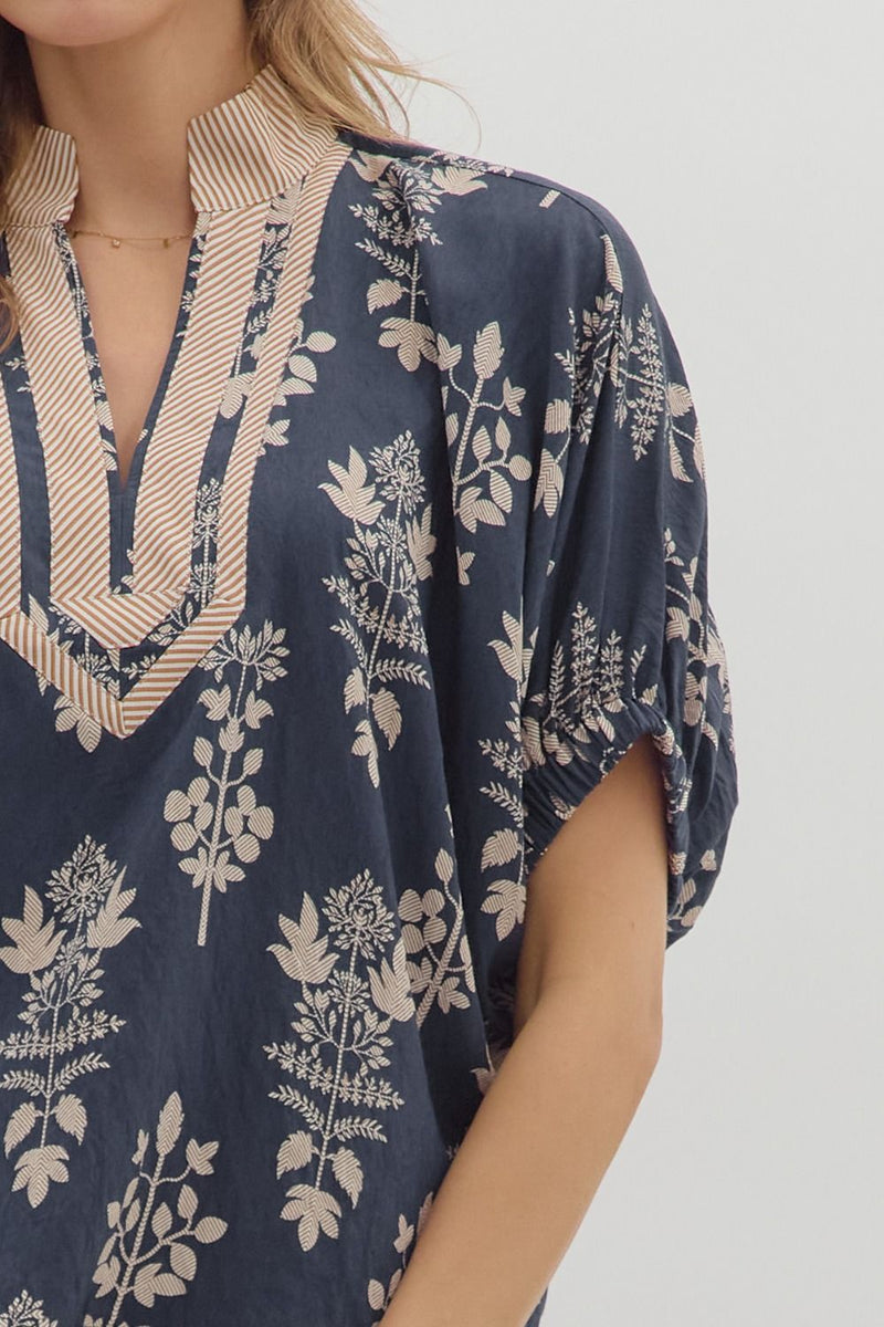 Esther Botanical Print Top, Navy
