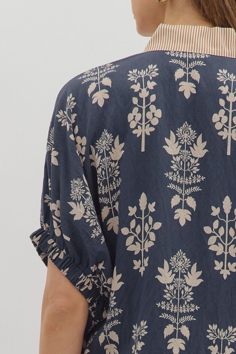 Esther Botanical Print Top, Navy