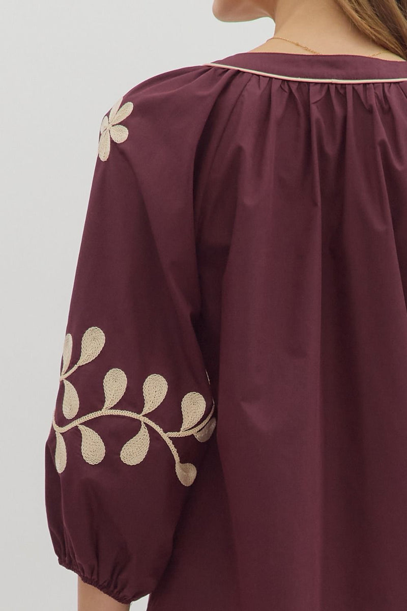 Amira Embroidered Sleeve Buttoned Blouse, Merlot