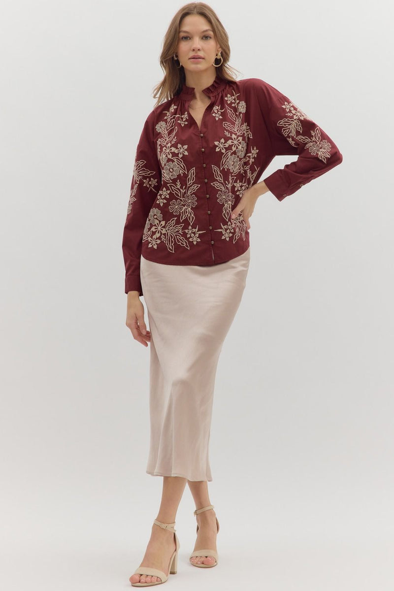 Anya Floral Embroidered Top, Burgundy