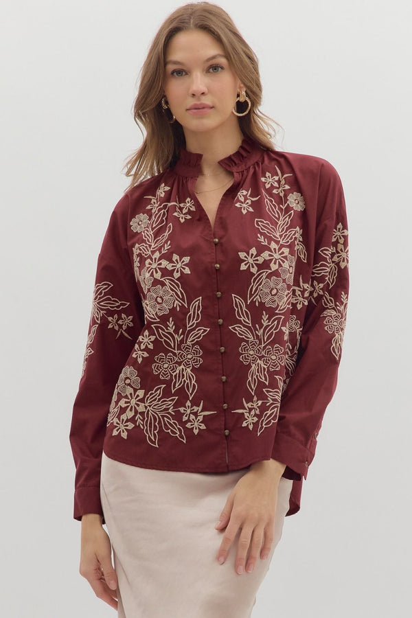 Anya Floral Embroidered Top, Burgundy