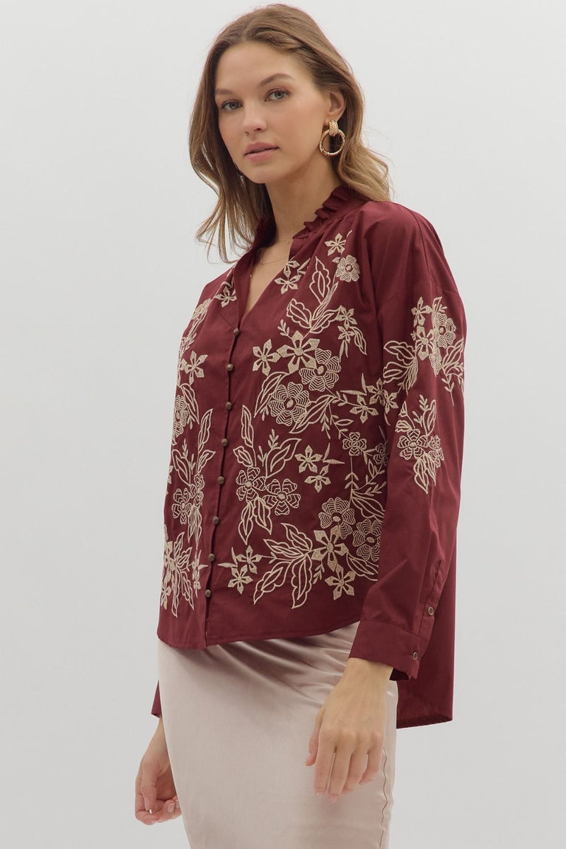 Anya Floral Embroidered Top, Burgundy