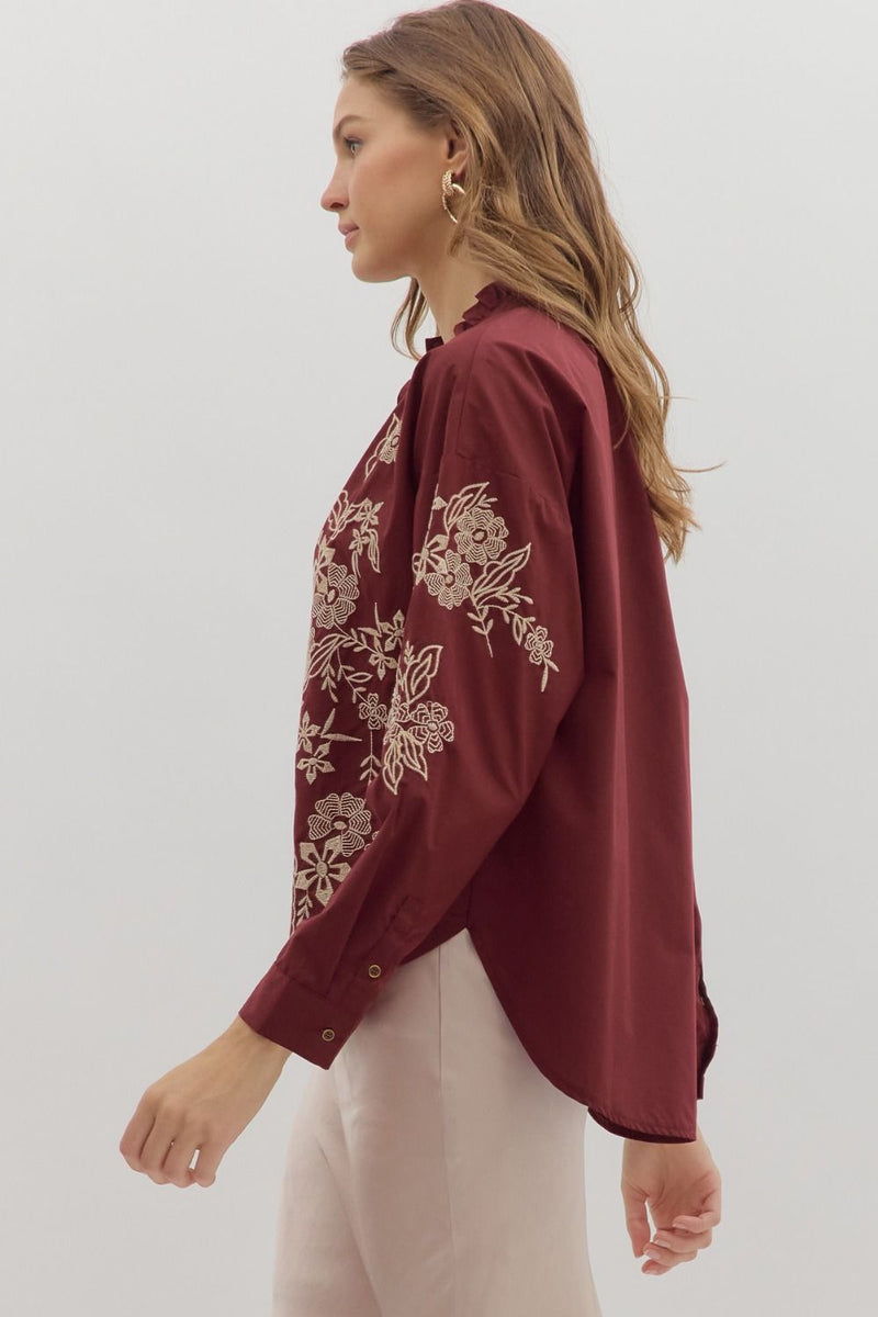 Anya Floral Embroidered Top, Burgundy
