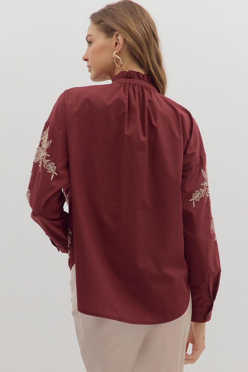 Anya Floral Embroidered Top, Burgundy