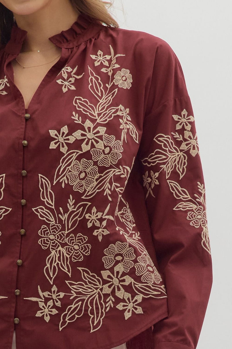 Anya Floral Embroidered Top, Burgundy