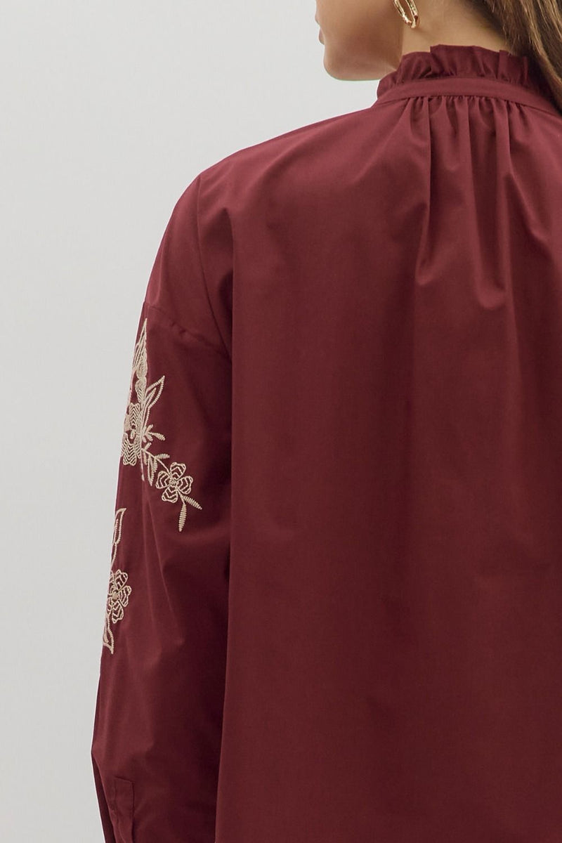 Anya Floral Embroidered Top, Burgundy