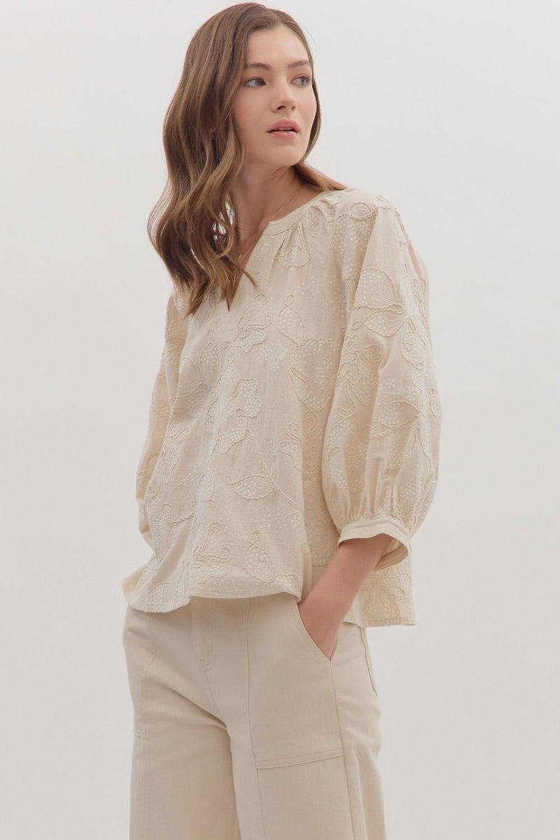 Brenna Embroidered Top, Ecru