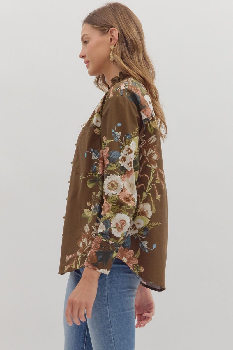 Ember Floral Sleeve Buttoned Blouse, Brown