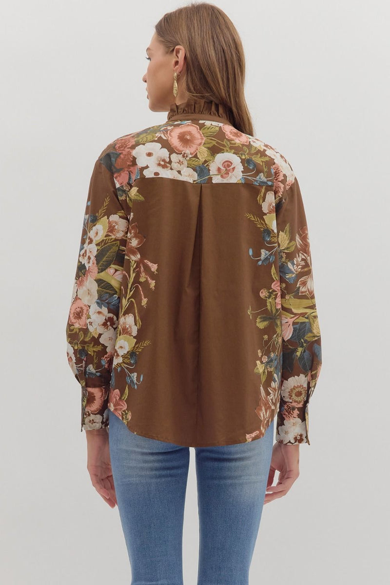 Ember Floral Sleeve Buttoned Blouse, Brown