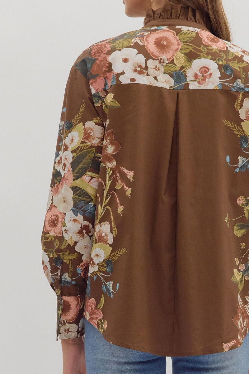 Ember Floral Sleeve Buttoned Blouse, Brown