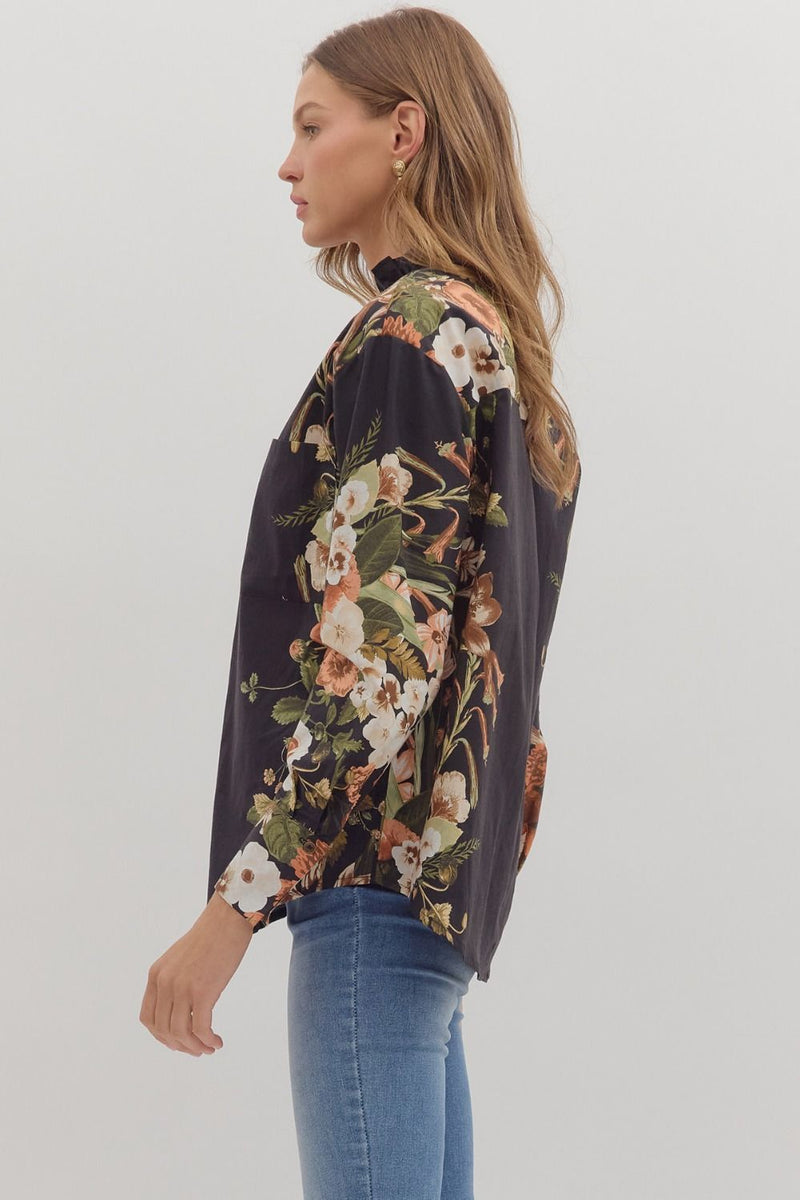 Ember Floral Sleeve Buttoned Blouse, Black