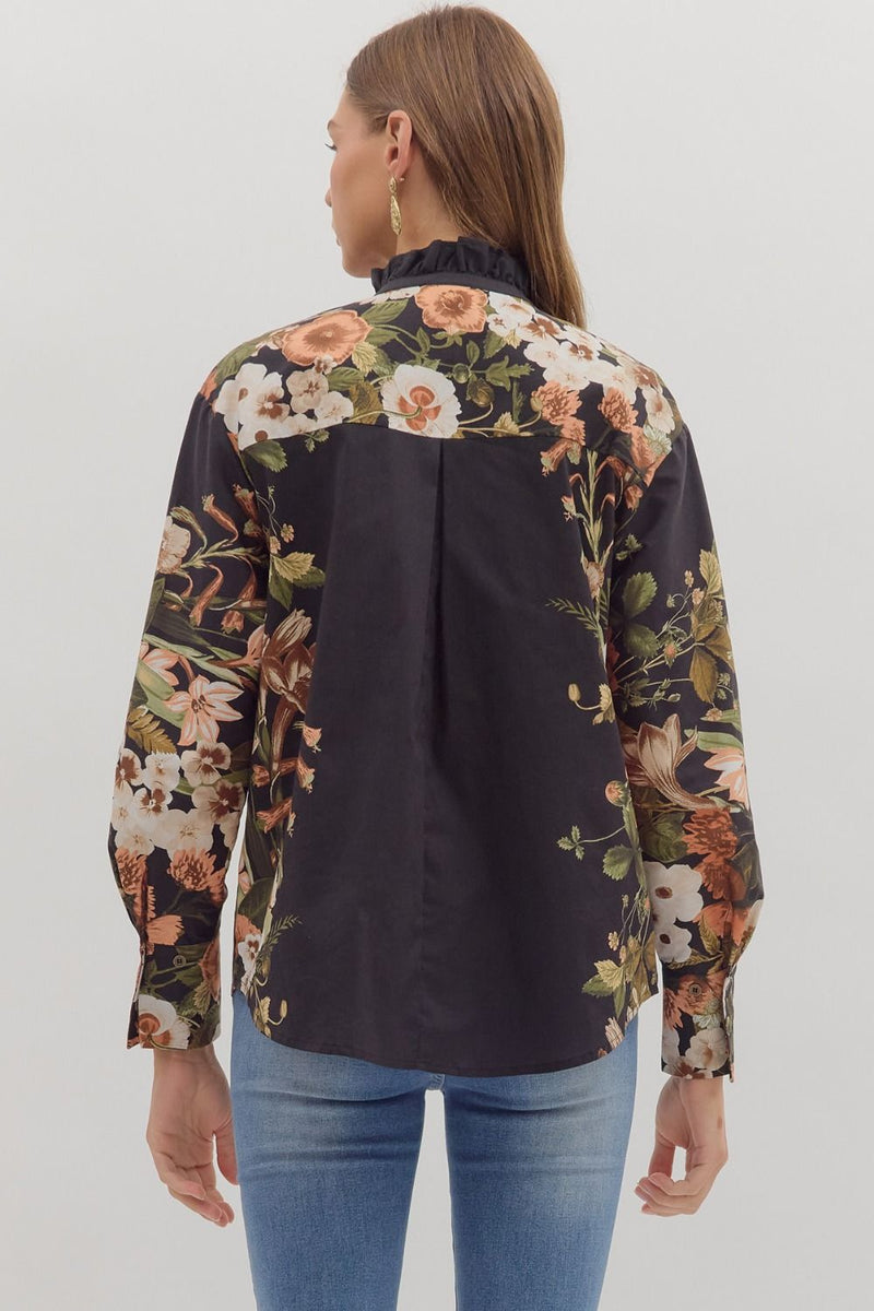 Ember Floral Sleeve Buttoned Blouse, Black