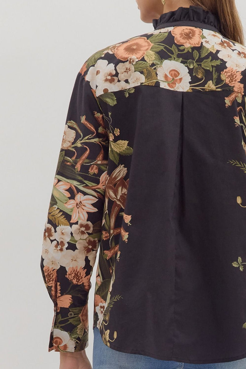 Ember Floral Sleeve Buttoned Blouse, Black