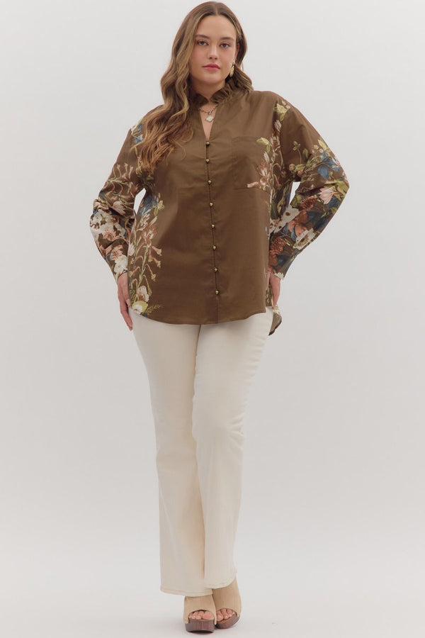 Ember Floral Sleeve Buttoned Blouse, Brown | Extended Sizes