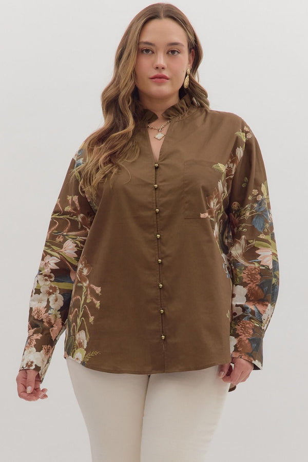 Ember Floral Sleeve Buttoned Blouse, Brown | Extended Sizes