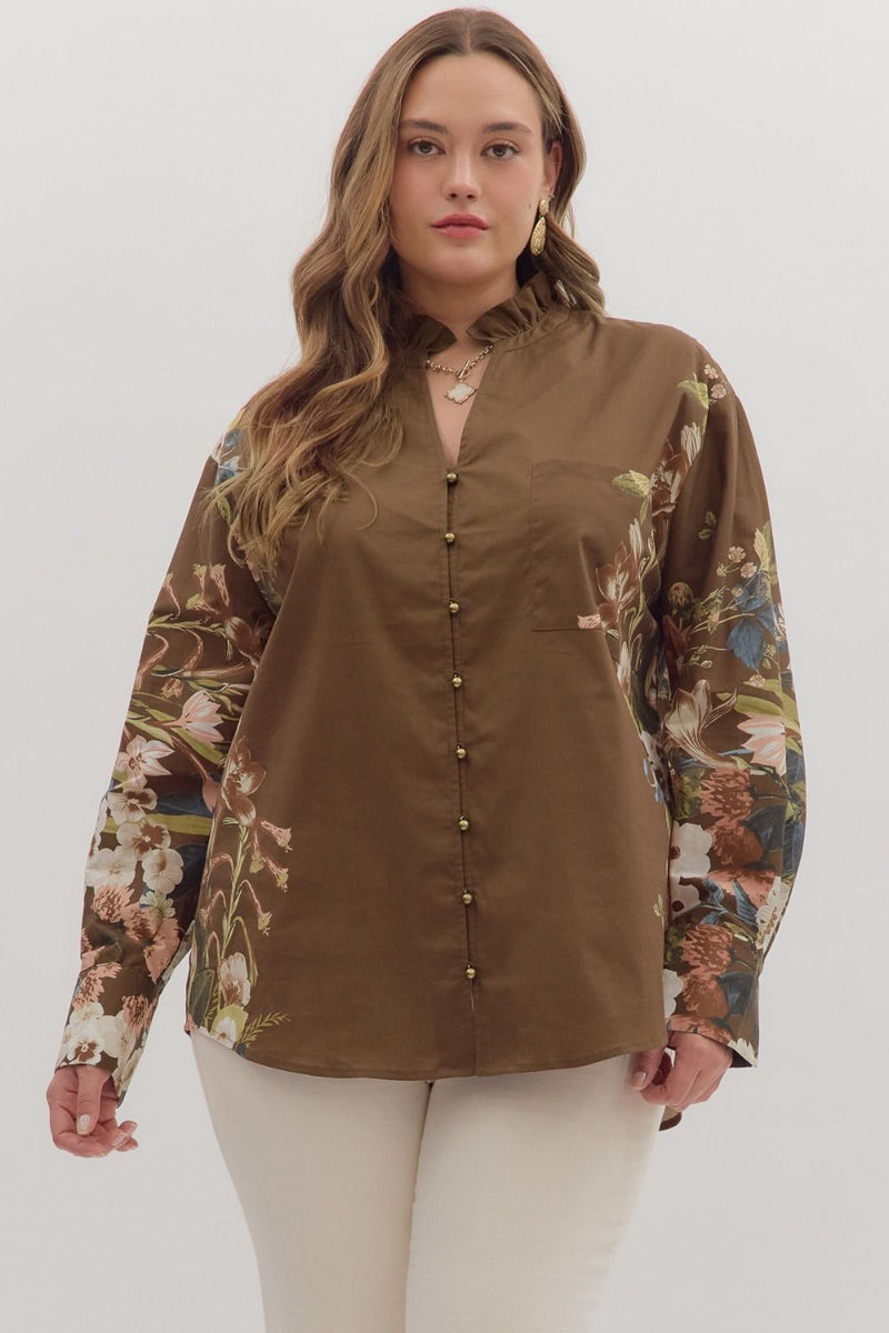 Ember Floral Sleeve Buttoned Blouse, Brown | Extended Sizes