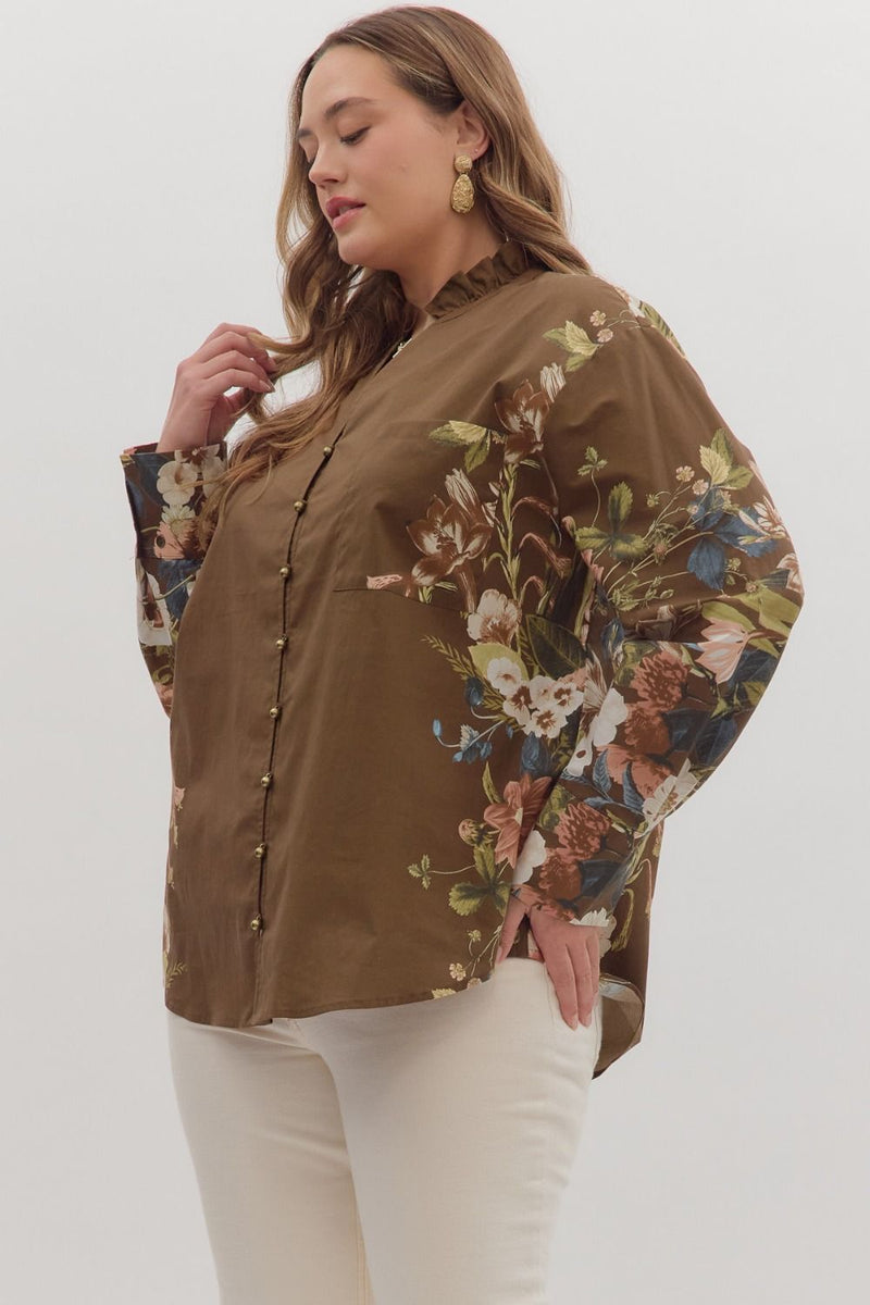 Ember Floral Sleeve Buttoned Blouse, Brown | Extended Sizes