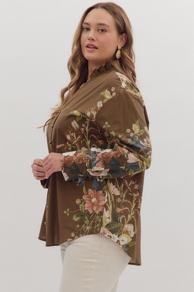 Ember Floral Sleeve Buttoned Blouse, Brown | Extended Sizes