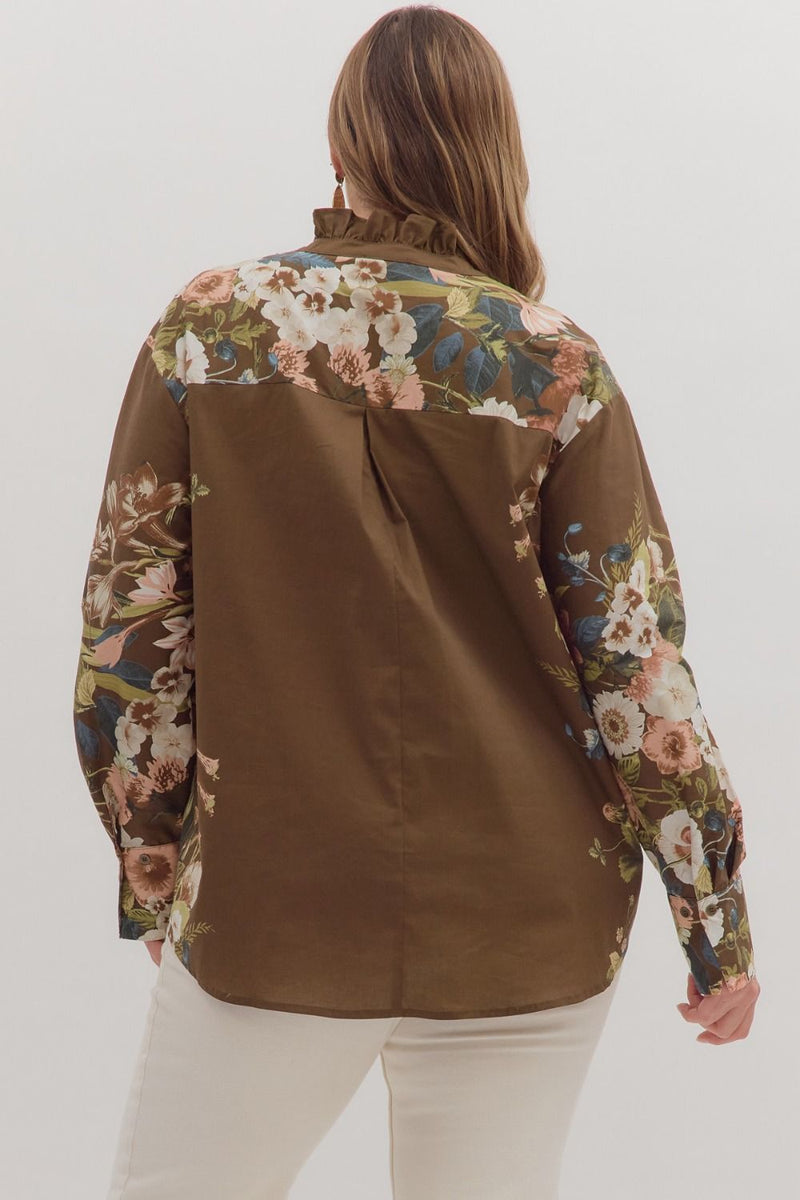 Ember Floral Sleeve Buttoned Blouse, Brown | Extended Sizes