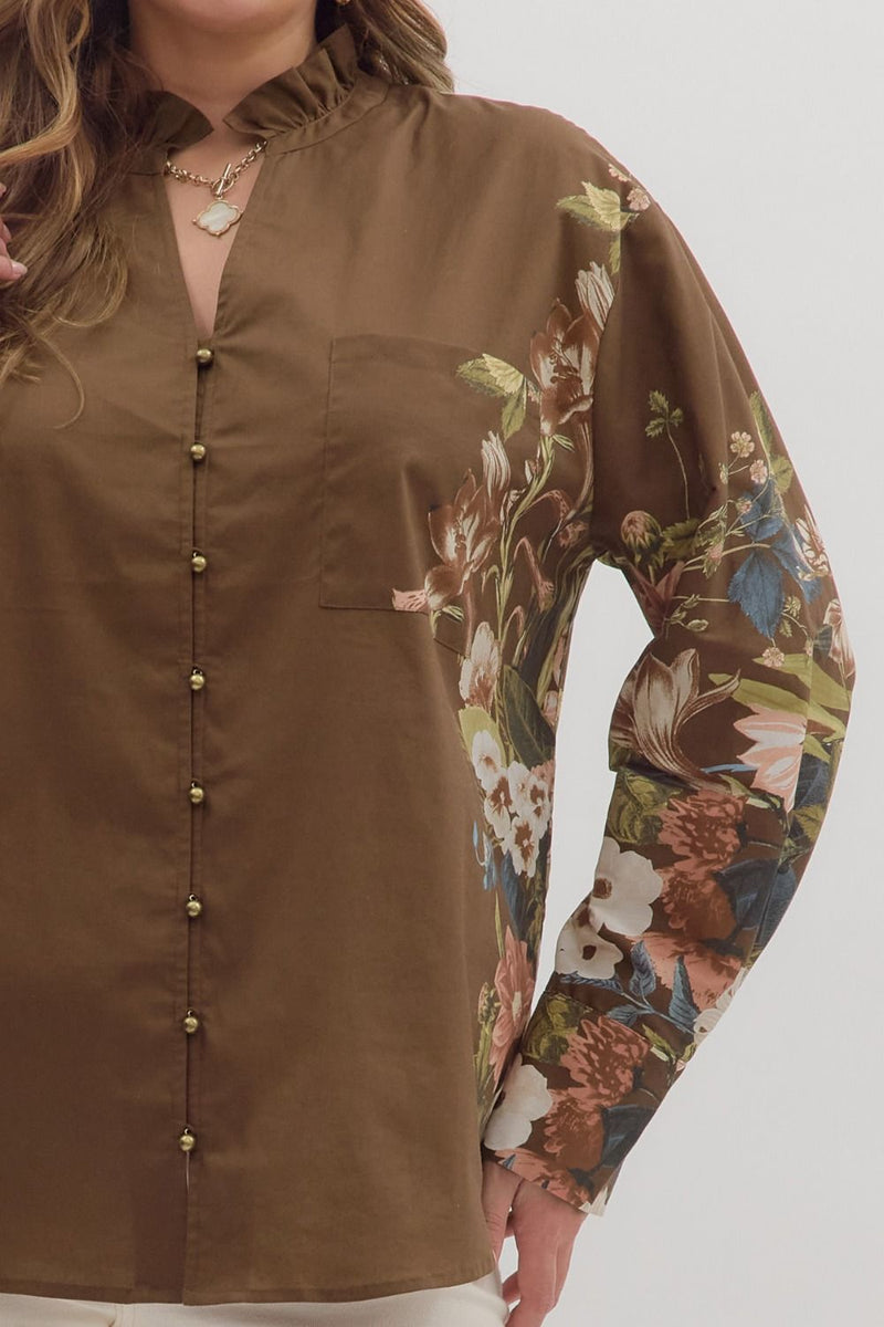 Ember Floral Sleeve Buttoned Blouse, Brown | Extended Sizes