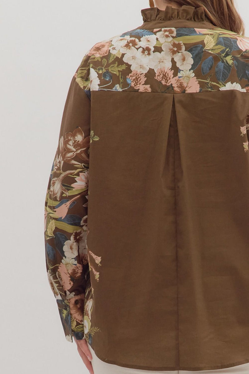 Ember Floral Sleeve Buttoned Blouse, Brown | Extended Sizes