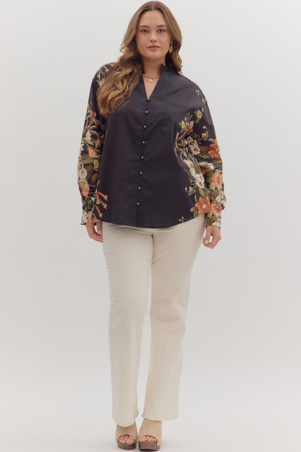 Ember Floral Sleeve Buttoned Blouse, Black | Extended Sizes