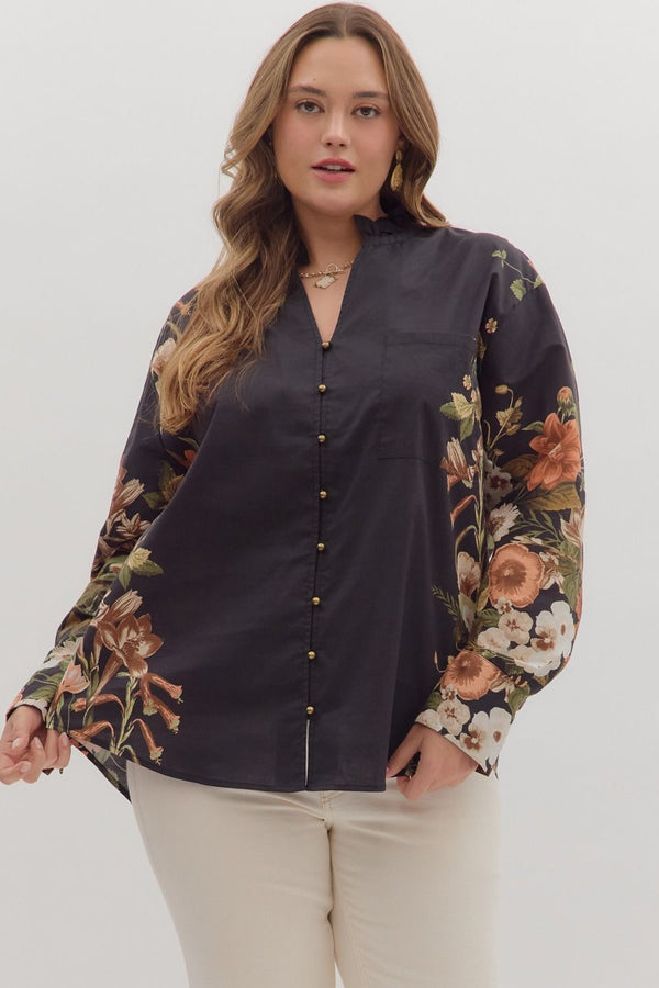 Ember Floral Sleeve Buttoned Blouse, Black | Extended Sizes