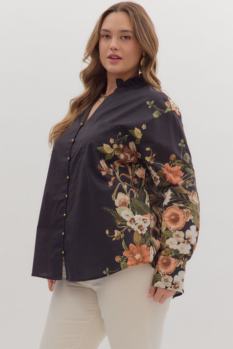 Ember Floral Sleeve Buttoned Blouse, Black | Extended Sizes