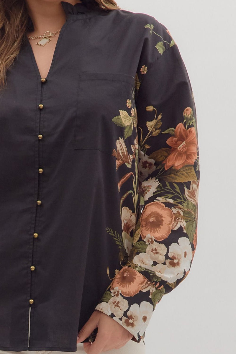 Ember Floral Sleeve Buttoned Blouse, Black | Extended Sizes