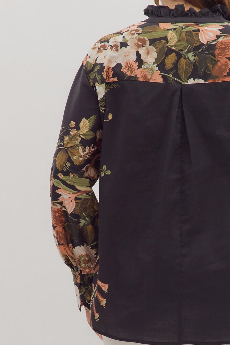 Ember Floral Sleeve Buttoned Blouse, Black | Extended Sizes