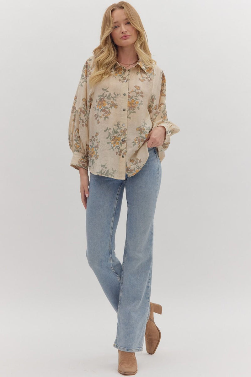 Lucy Button Down Floral Top, Ecru