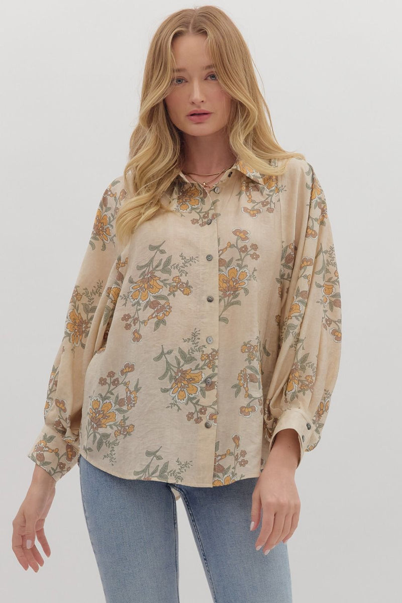 Lucy Button Down Floral Top, Ecru