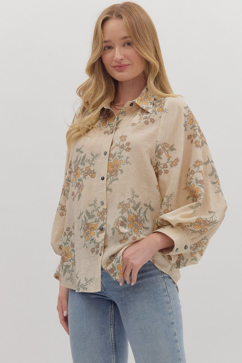 Lucy Button Down Floral Top, Ecru