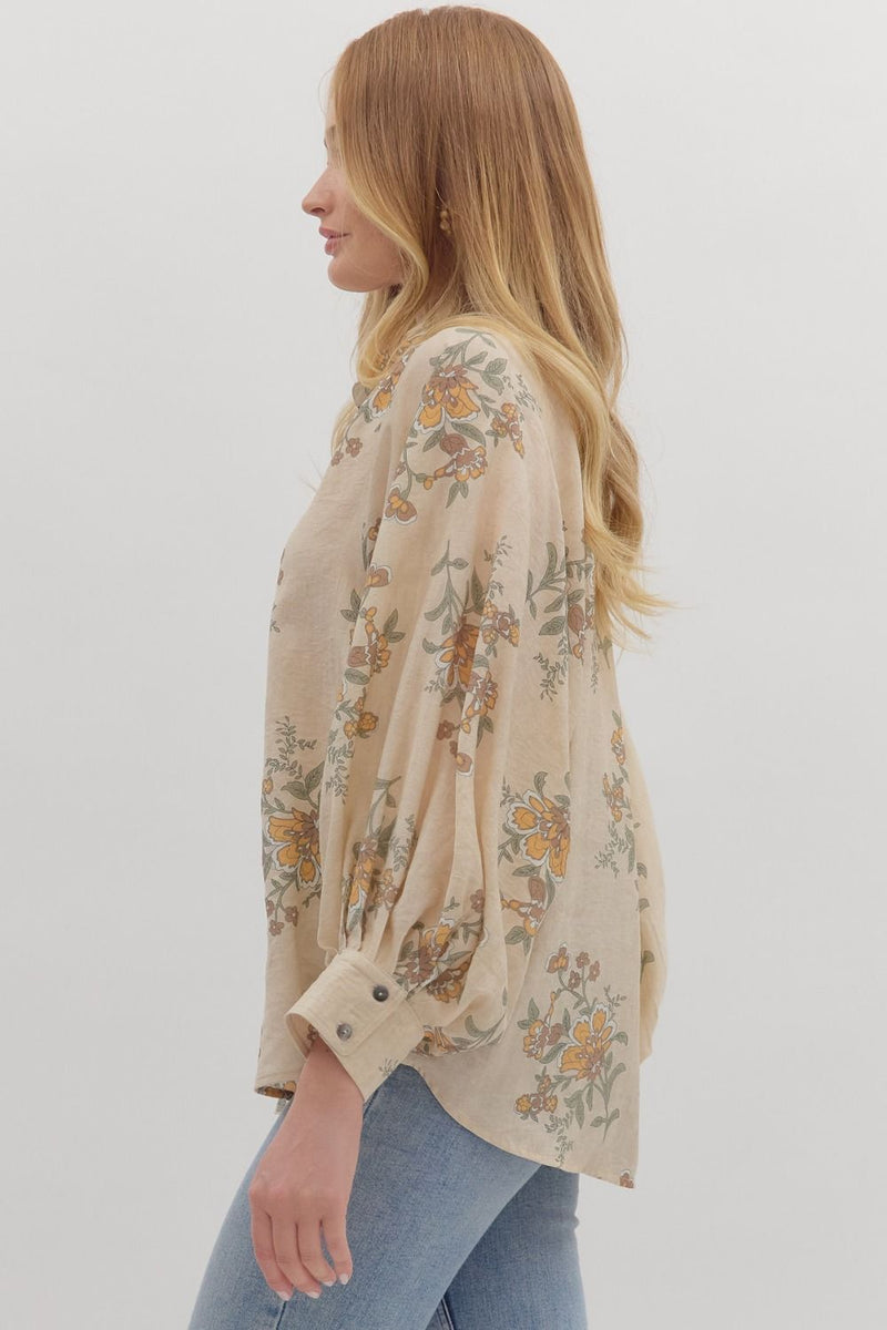 Lucy Button Down Floral Top, Ecru