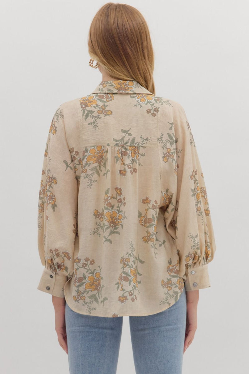 Lucy Button Down Floral Top, Ecru