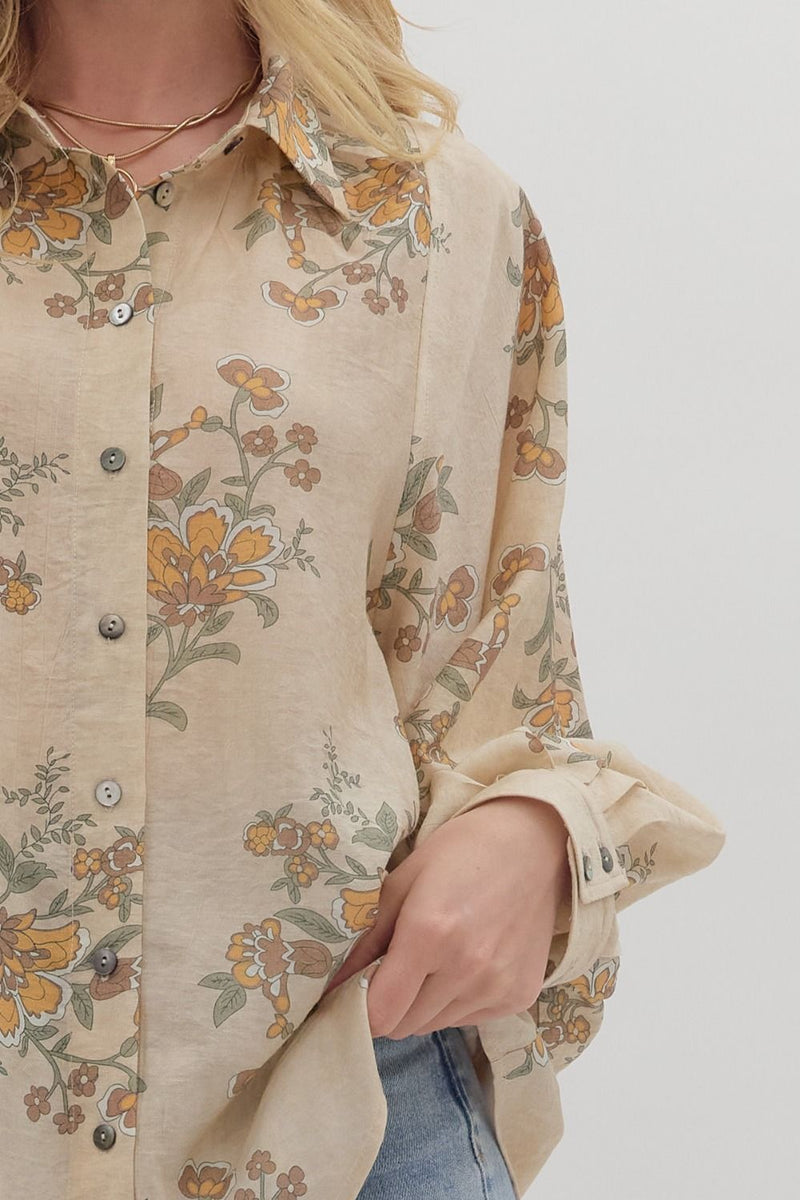 Lucy Button Down Floral Top, Ecru