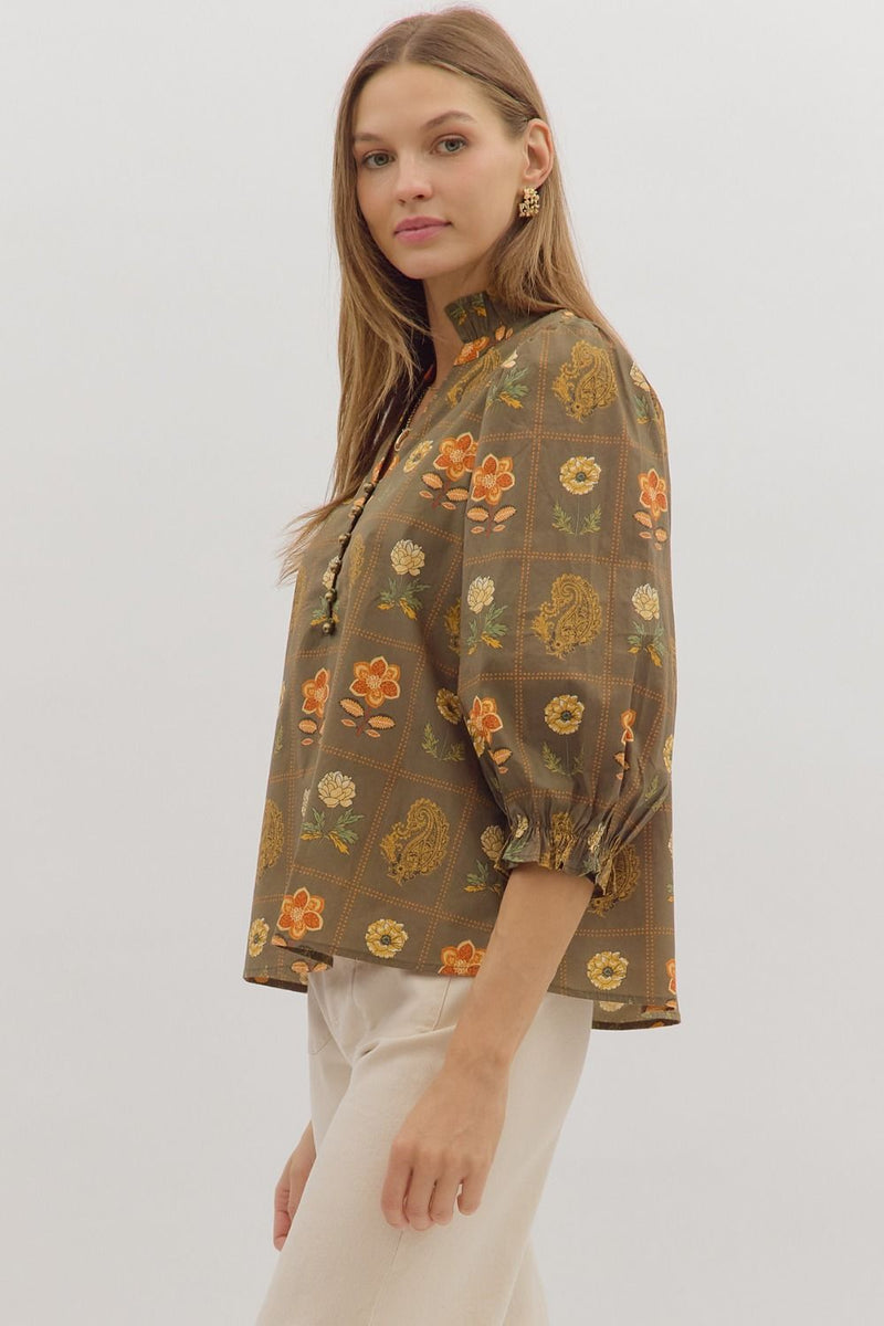Emilia Floral Print Ruffle Detailed Top, Olive
