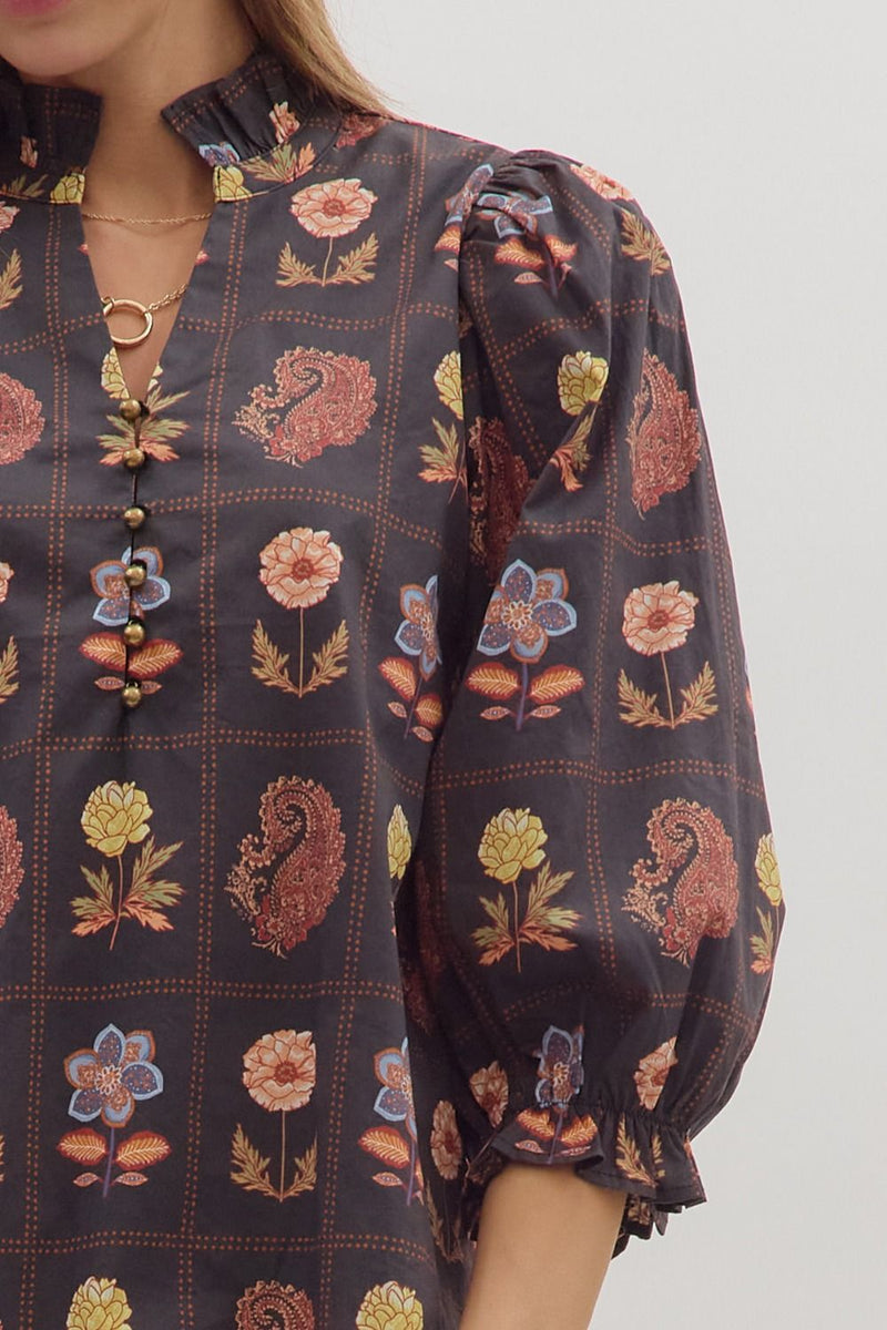 Emilia Floral Print Ruffle Detailed Top, Black