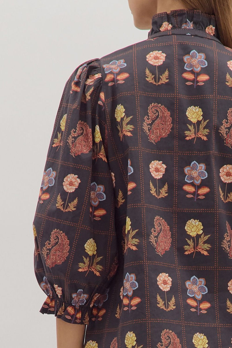 Emilia Floral Print Ruffle Detailed Top, Black